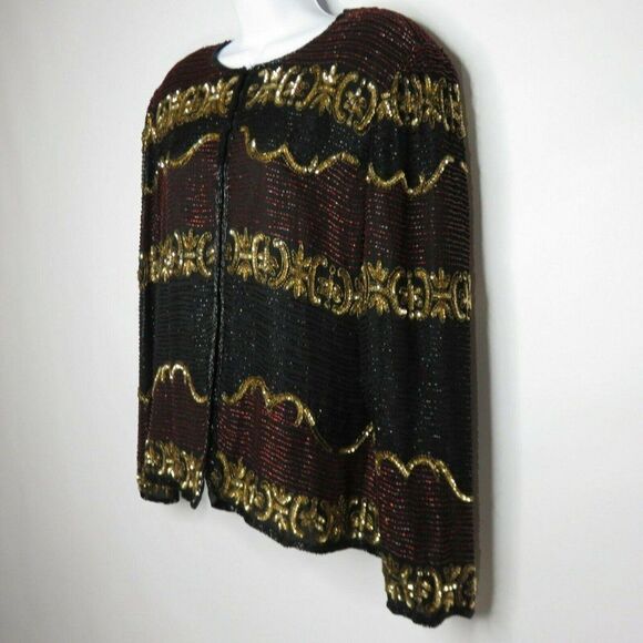 Lawrence Kazar Vintage Beaded Sequined Black Gold Red Silk Blazer Jacket Size M - Picture 6 of 10